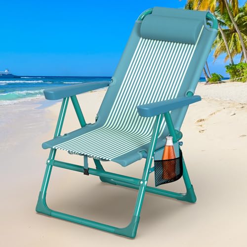 Suteck Backpack Beach Chair for Adults - 6-Position Folding Reclining Chair with Cooler Bag & Cup Holder, Lightweight Portable Beach Chair for Camping, Outdoor, Sand, Travel Use - color: Indigo White Stripes