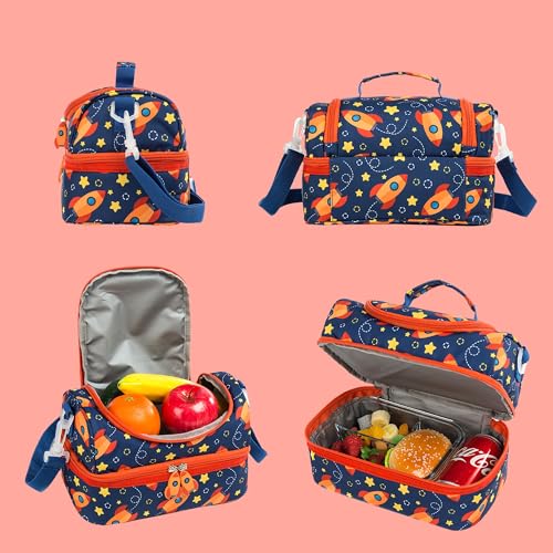 Insulated Kids Dual Compartment Lunch Bags Tote for Girls Boys Toddler Lunch Boxes Pre-School Toddler Kindergarten Picnic Camp Food Cooler Thermal with Strap (Star Rocket) - color: Star Rocket