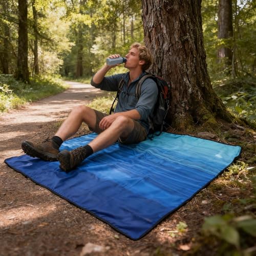 AISPARKY Pocket Beach Blanket Waterproof Sandproof Compact Picnic Mat with Sand Remover, Portable Outdoor Mat for Camping Hiking Travel Festival - color: Striped Blue Green Gradient, size: 60" X 55"