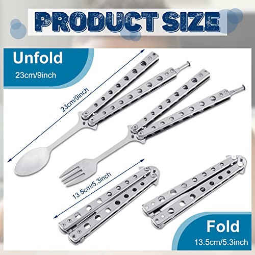 Flutesan 2 Pcs Butterfly Fork and Spoon Set, Tactical Butterfly Spoon Folding Stainless Steel Spork Utensil Set Balisong Trainer for Travel Camping Hunting BBQ Kitchen(Silver) - color: Silver