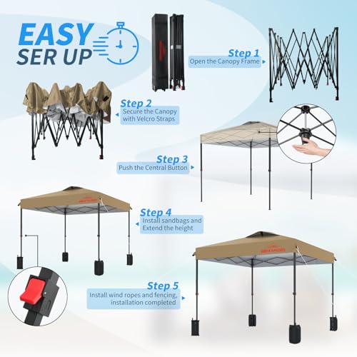 10x10 Pop Up Canopy, Easy Up Canopy Tent, Heavy Duty Tents for Parties, One Person Set Up Event Tent, Khaki - color: Khaki, size: 10x10