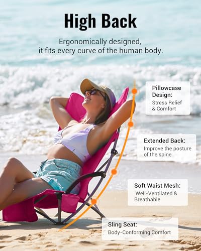 KingCamp Low Beach Chair, High Back Folding Camping Chair for Adults, Oversized Breathable Mesh Seat, 300lbs Heavy Duty Portable Chair with Cup Holder & Storage Pockets for Beach, Outdoor - color: Ergobreeze H Rosered 2pcs