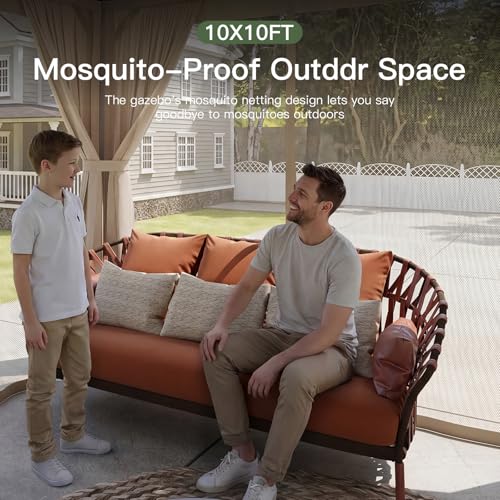 Aoxun Outdoor Gazebo for Patio 10x10 Metal Frame Canopy with Double Roofs Heavy Duty Party Tent and Shelter with Mosquito Netting and Privacy Screen for Backyard, Lawn, Garden, Deck (Khaki) - color: Khaki, size: 10 X 10