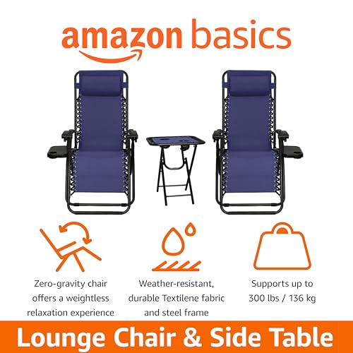 Amazon Basics Outdoor Adjustable Zero Gravity Folding Reclining Lounge Chair with Cup Holder, Headrest Pillow, Detachable Side Table, Weather Resistant, Set of 2, Blue - color: Blue
