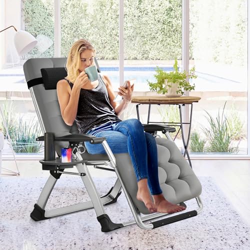 Slsy Zero Gravity Chair, Reclining Lounge Chair with Removable Cushion & Tray for Indoor and Outdoor, Patio Recliner Folding Reclining Chair - color: Buff Grey, style: Zero Gravity Chair