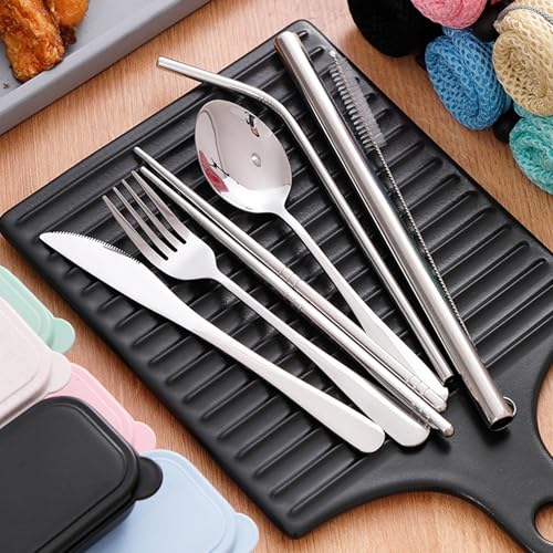 Travel Utensils with Case, Cutlery Set Portable Camp Reusable Flatware Silverware, 7 Pcs Stainless Steel Reusable Cutlery Set, Include Fork, Spoon, Knife, Chopsticks, 2 x Straws & Straw Cleaner Brush - color: Mint Green