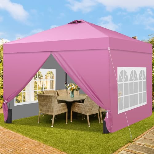 GDY 10x10 Pop Up Canopy Tent with 4 Sidewalls, Easy Set up with One Push Lift Outdoor Silver Coated Beach Gazebos, Carpas with 4 Sandbags, for Outdoor, Parties,Camping, Pink. - color: Pink, size: 10x10 with 4 Sidewall
