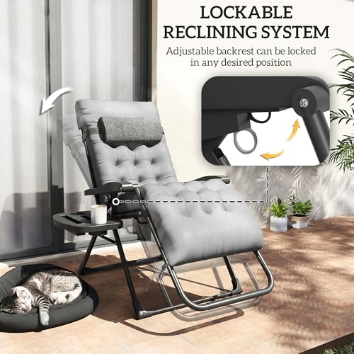 Outsunny Zero Gravity Chair, Folding Reclining Lounge Chair with Padded Cushion, Side Tray for Indoor and Outdoor, Supports up to 264 lbs, Gray - color: Grey