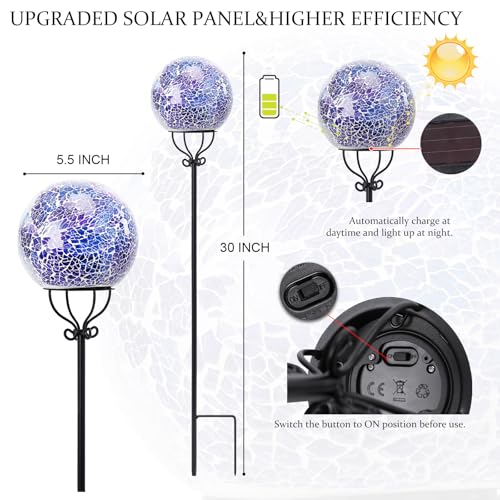 VCUTEKA Solar Outdoor Lights Garden Decor Mosaic Solar Garden Lights Waterproof Glass Ball LED Pathway Stake Light for Landscape Lawn Patio Yard Decoration 6 inch, Blue - color: Blue