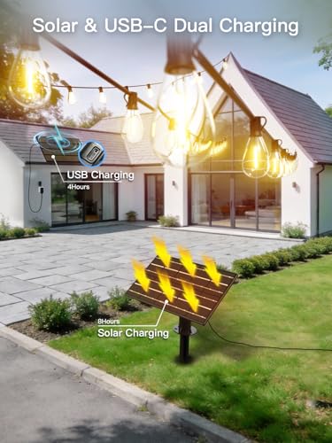 100FT Solar String Lights Outdoor Waterproof, 35+1 LED Solar Powered Lights with Remote Control, 3 Light Modes & Dimmable, USB-C Charging for Patio, Backyard, Garden, Camping - size: 100FT