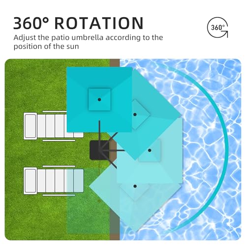 JZAC & QZYD 9x9 FT Outdoor Cantilever Patio Umbrella with Base Included and Solar LED Lights, Large Heavy Duty 2-Tier Square Aluminum Offset Umbrellas with 360-Degree Rotation for Pool Deck, Turquoise - color: Turquoise, size: 9'×9' - Weighted Base Includ