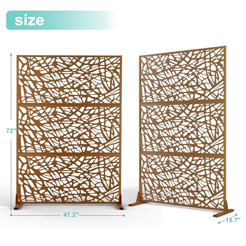 Modern Metal Privacy Screen, Patio Outdoor Privacy Panels with Stand, Freestanding Outdoor Divider for Yard, Deck＆Garden(71.3"*47.3"*15.7") - color: Brown,Leaf Vein