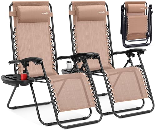 SereneLife Zero Gravity Chairs Set of 2 - Adjustable Steel Mesh Lawn Chairs - Outdoor Lounge Chairs with Detachable Cup Holder Tray - Foldable Outdoor Chair with Removable Pillows - Cream