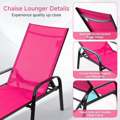DUMOS Outdoor Lounge Chaise, 5-Position Chaise Lounge with Armrests, Sun Tanning Chair 350 lbs Heavy Duty Patio Pool Chair, Waterproof Sun Lounger for Deck, Backyard, Beach & Poolside, Pink - color: Light Pink