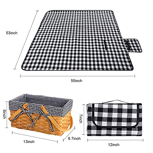 Patelai Wicker Picnic Basket Natural Hand Woven Basket with Double Folding Handles, Willow Hamper Baskets with Blanket for Outdoor Picnic Summer Spring Camp Family(Black and White Grid) - color: Black and White Grid