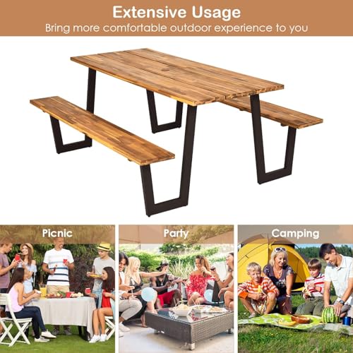 HAPPYGRILL Outdoor Picnic Table Bench Set with Wood Top & Steel Frame, Patio Dining Picnic Table Set with Umbrella Hole for Garden Backyard