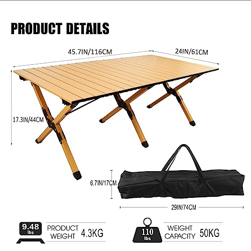 Rollingsurfer Folding Camping Table, Lightweight Roll-Up Table Aluminum Low Portable Picnic Table with Easy Carrying Bag for Outdoor, Beach, Picnic, Backyards, BBQ and Party, 45.2"L x 23.6"W x 17.3"H - size: 45.2inch