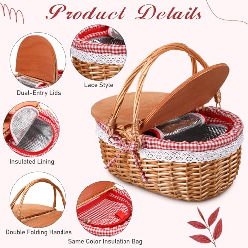 DoubleFill Wicker Insulated Picnic Basket with Lid Wicker Picnic Basket with Folding Handles and Insulated Cooler Bag for Camping Outdoor Easter Valentine Birthday Gift(Red Plaid) - color: Red Plaid