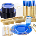 Nervure 350PCS Blue Plastic Plates - Blue Plastic Dinnerware Sets for 50 Guests - 100 Disposable Plates, 150 Gold Silverware, 50 Cups, 50 Napkins for Wedding & Party - color: Transparent Blue