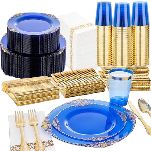 Nervure 350PCS Blue Plastic Plates - Blue Plastic Dinnerware Sets for 50 Guests - 100 Disposable Plates, 150 Gold Silverware, 50 Cups, 50 Napkins for Wedding & Party - color: Transparent Blue