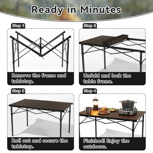 Seazul Camping Table, Large for 2-6 Persons, Supports 230 LBS, Foldable Roll-up Aluminum Camp Table with Carry Bag, Folding Portable Metal Outdoor Table for Picnic, Camp, Dining, Walnut Wood Grain