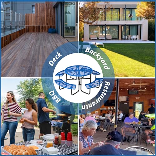 46-inch Blue Round Outdoor Picnic Table with Umbrella Hole Heavy Duty Coated Steel Metal Patio Dining Set for Garden, Courtyard, BBQ & Commercial Use - color: Blue-round