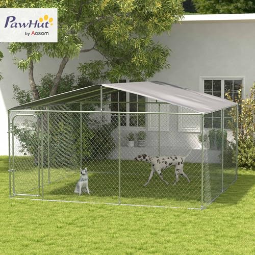 PawHut Outdoor Dog Kennel, Heavy Duty Dog Run Outdoor Fence with Waterproof Cover, Galvanized Chain Link, Secure Lock, for Large Breeds, Chickens, Ducks, 13' x 13' x 7.5' - size: 157.5"L x 157.5"W x 91.3"H