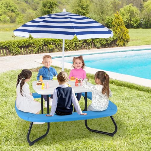 HONEY JOY Kids Picnic Table, 8 Person Toddler Outdoor Table and Chair Set, 4 Built-in Benches, Removable Umbrella, Metal Frame & HDPE Top, Children Outdoor Furniture for Backyard Patio Garden (Blue) - color: Blue