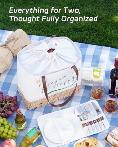 Wicker Picnic Basket for 2 Person, Folding Picnic Basket Set with Waterproof Lining,Canvas and Willow Picnic Hamper with Utensils，for Outdoor, Camping, Beach，Wedding Gifts - size: Rectangle with Tableware