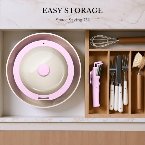 Pots and Pans Set Non Stick, Ceramic Cookware Set Detachable Handle, RV Camping Kitchen Cooking Set Removable Handles, Dishwasher/Oven/Fridge Safe, Induction, Space Saving，PINK - color: Pink