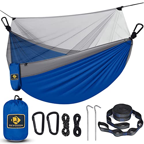 Camping Hammock with Net,Travel Portable Lightweight Hammocks with Tree Straps and Solid D-Shape Carabiners,Parachute Nylon Hammock for Outsides Backpacking Beach Backyard Patio Hiking Blue & Grey - color: Blue & Grey, size: Large