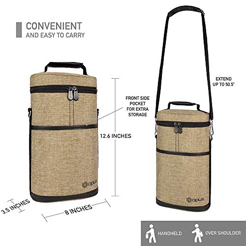 OPUX 2 Bottle Wine Bag Tote Carrier | Leakproof Insulated Wine Cooler Bag for Travel, BYOB, Picnic | Padded Portable Wine Bottle Bag for Dinner Party, Christmas Gift for Wine Lovers, Women, Men, Taupe - color: Heather Taupe