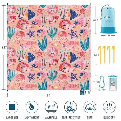 Famstar Beach Blanket Sandproof Waterproof 78''×81''1-5Adults Oversized,Compact Lightweight Durable Beach Mat for Travel Camping Hiking Picnic Blanket - color: Pink Ocean, size: 78''×81''