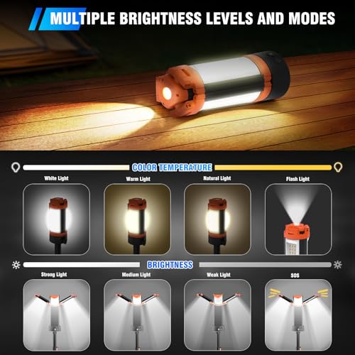 AKOFUN 12000mAh Camping Light with Stand, Rechargeable Work Light, 10000 Lumen Dimmable Cordless Work Light with 3 LED Lamp Heads, Magnetic Emergency Flashlight with 79" Detachable Tripod
