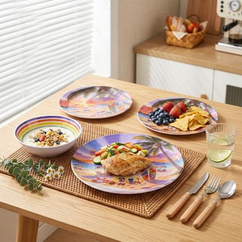 12 Piece Melamine Plates and Bowls Set - Beach Sunset Melamine Dinnerware Set for 4，Unbreakable Dishes Set，Stackable Lightweight Plates & Bowls for Indoor & Outdoor Use，Tropical Sunset - color: Sunset Beach