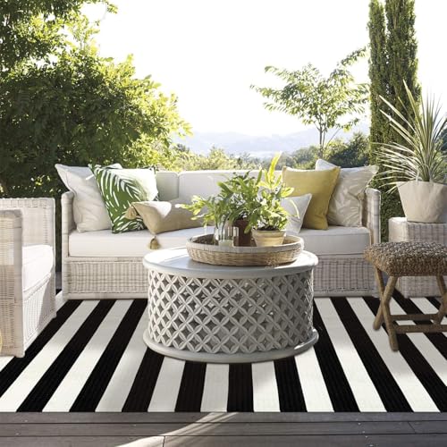 LEEVAN Black and White Outdoor Rug 4x6, Cotton Washable Outdoor Patio Rug, Black Striped Reversible Rug for Balcony Decor, Woven Entryway Rug for Layered Door Mats Porch/Front Door - color: Black and White Stripes, size: 4' x 5'11" (Rectangular)