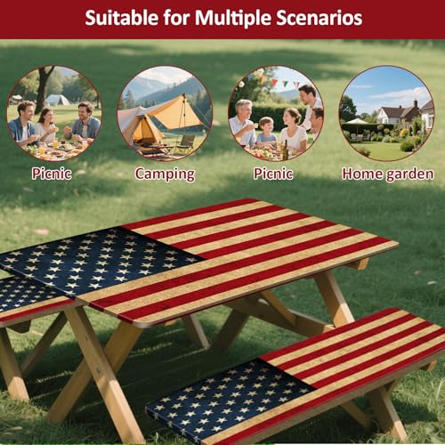 Picnic Table Cover with Bench Covers 6FT 3PCS, Camping Essentials Waterproof Windproof Tablecloth with Drawstring Bag, Fitted Rectangle Tables and Seats, 72", US Flag - color: Us Flag, size: 72"