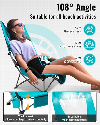 KingCamp Low Beach Chair, High Back Folding Camping Chair for Adults, Oversized Breathable Mesh Seat, 300lbs Heavy Duty Portable Chair with Cup Holder & Storage Pockets for Beach, Outdoor - color: Ergobreeze-cyan-2 Pack