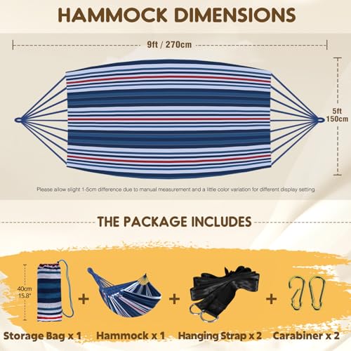 ANYOO Cotton Hammock Portable Camping Hammocks for Hanging Sturdy Garden Comfortable Fabric Hammock with Tree Straps Up to 660lbs with Travel Bag for Camping Outdoor/Indoor Patio Backyard - color: Blue/White/Red Stripe