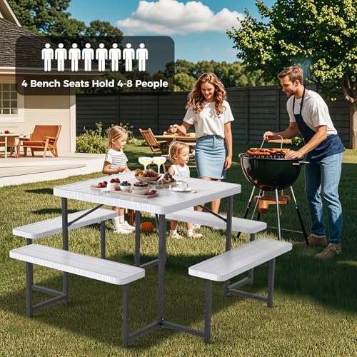 Giantex Picnic Table Bench Set for 4-8 People, 34" Outdoor Square Dining Table & 2 Benches w/Umbrella Hole, HDPE Tabletop, Metal Frame, Patio Camping Furniture for Backyard Porch Lawn (White,Square) - color: White, size: Square-34"x34"x30"