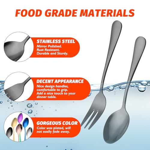 12 PCS Fork and Spoon, Black Silverware Set, Food Grade Stainless Steel Flatware Cutlery Set 6 Forks (5.35 inch), 6 Spoons(5.25 inch) for Home, Outdoor, Restaurant, Dishwasher Safe