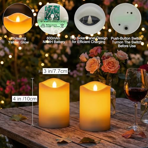 Livinlarge 4 Pack Outdoor Solar Powered Candles, 3"x4" Rechargeable Dusk to Dawn Lighting, Flameless Flickering Pillar LED Votive Candle, IP65 Waterproof for Patio Yard Deck Window Table Decor - color: D3"xH4", 4 PCS