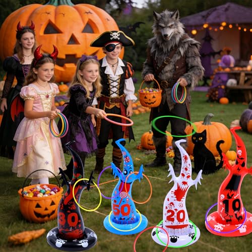 10PCS Halloween Games Inflatable Witch Hat Ring Toss Game, Halloween Games Party Favors with 6 Rings and Pump Decorations Gifts