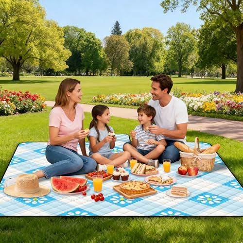 Extra Large Picnic Blanket Waterproof,80"x 80"Foldable Machine Washable Beach Blankets,Outdoor Blanket for 6-8 Adults,Picnic Mat Suitable for Indoor Crawling,Park Beach,Camping,Hiking,Travel( Blue) - color: Blue Little Flower, size: 6'8" x 6'8" (Square)