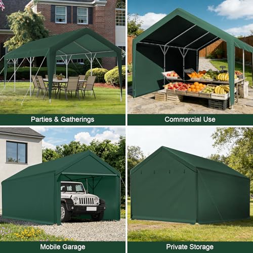 Carport, 10x20ft Heavy Duty Car Port, Portable Garage with Steel Frame, Carports Canopy Storage Shed Party Tent with Waterproof Tarp for Car Boat Truck (Green) - color: Green