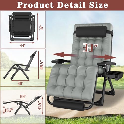 Oversized Zero Gravity Chair with Cushion XXL, 33In Padded Lounge Chair, Recliner Camping Chair W/Full-Alu Alloy Lock, Cushion, Storage Bag, Footrest, Cup Holder, Folding Chair Support 500lbs, Gray - color: 33in - Grey