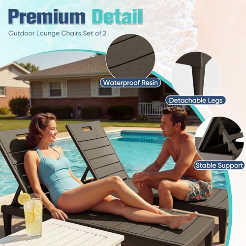 Devoko Outdoor Chaise Lounge Chair Set of 2 with 5-Position Adjustable Back, Waterproof & Lightweight PP Lounge Chairs for Outside Pool Patio (Deep Brown) - color: Deep Brown, size: 72 in Depth