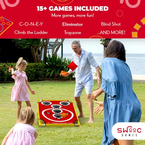 Swooc Games - Coney Island Toss™ - Arcade Style Cornhole Board Set w/Carrying Case & 15+ Games - Corn Hole Games for Adults - Kids Bean Bag Toss Game - Kids Cornhole Set w/Bags - Outdoor Yard Games