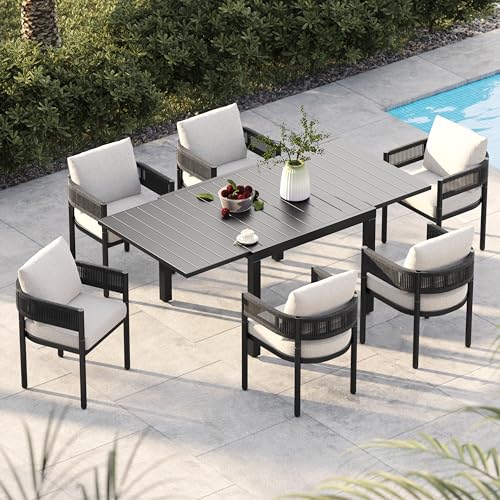 Grand patio 7-Piece Outdoor Dining Set for 6 with 1 Rectangle Expandable Table for 4-6 Person, Metal Woven Wicker Fixed Patio Chairs with Thickened Cushions for Yard, Poolside, Deck (Black) - color: Black, size: 7PCS