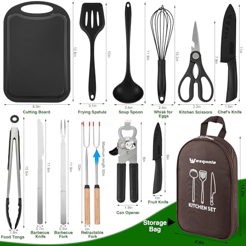 Camping Essentials Cookware Cooking Utensils Set - Portable Camp Kitchen Mess Kit Outdoor Accessories, Stainless Steel & Silicone, Camping Gear Equipment for RV Picnic Grill, Brown - color: Brown